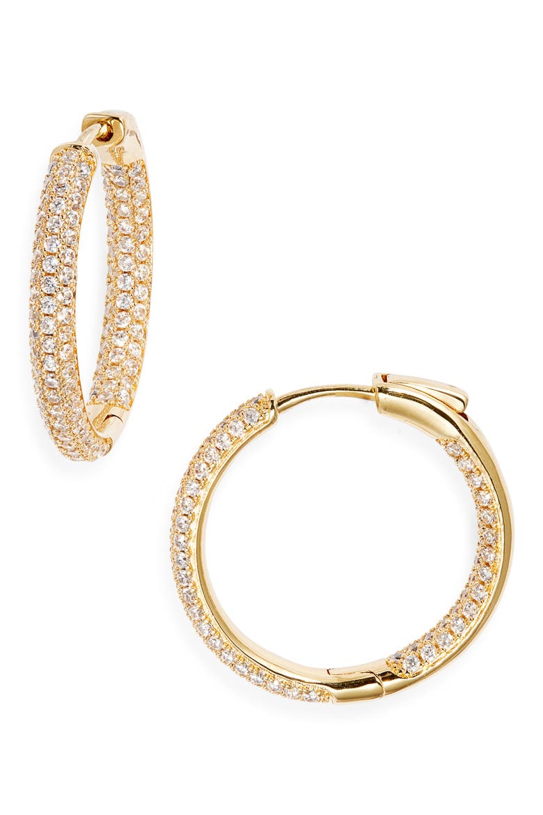Cubic Zirconia Pavé Hoop Earrings, Main, color, CLEAR- GOLD