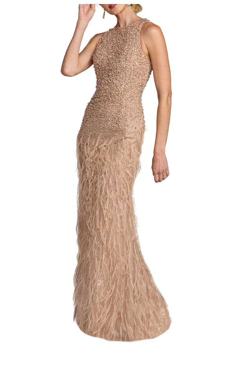 Mac Duggal Embellished Lace Sleeveless Feather Gown, Main, color, Porcelain