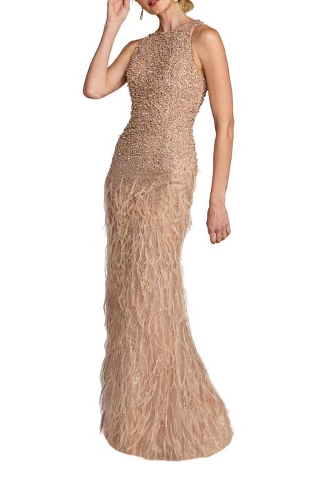 Embellished Lace Sleeveless Feather Gown