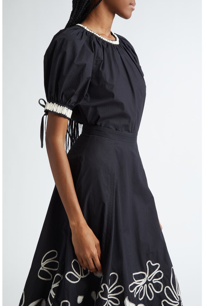 Amara Appliqué Detail Puff Sleeve Cotton Top, Alternate, color, RAVEN