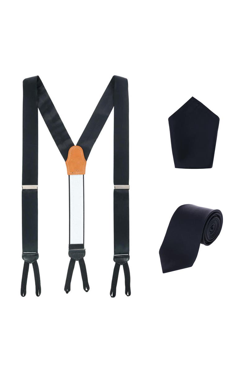 Trafalgar Sutton Solid Color Silk Brace Necktie and Pocket Square Set, Main, color, Black