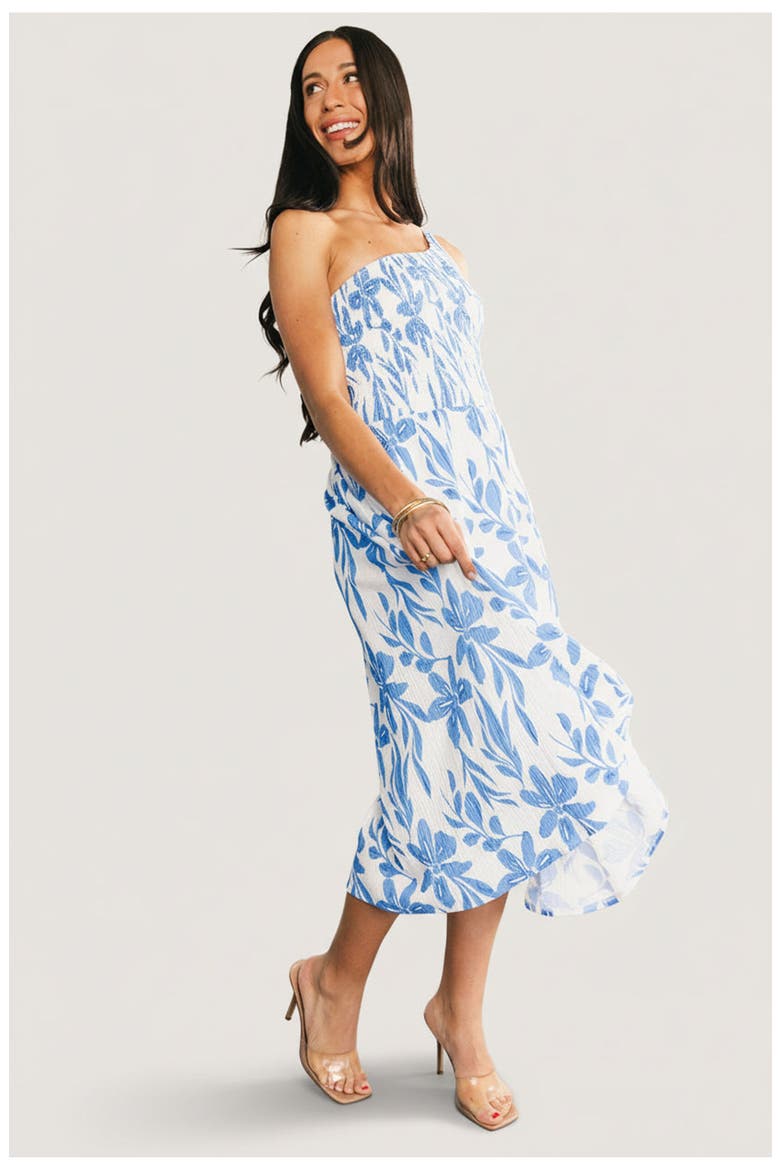 Brisa One Shoulder Midi Dress, Alternate, color, White and Blue