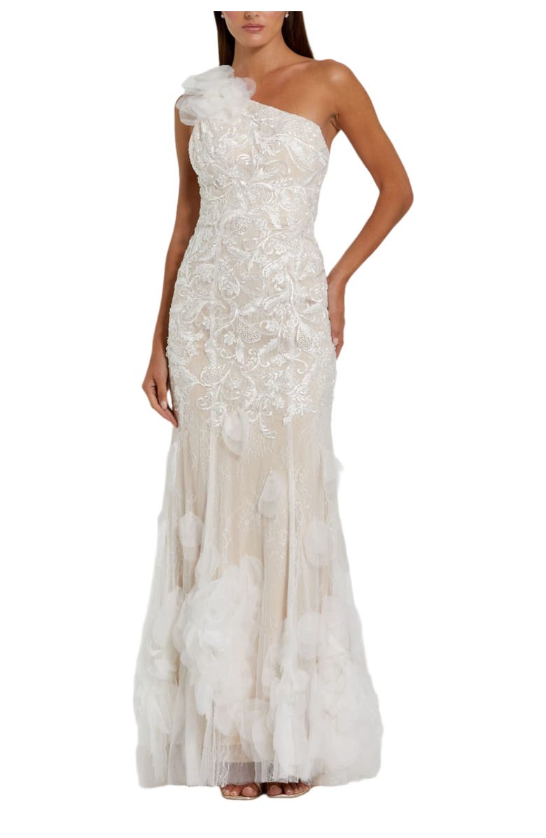 Mac Duggal Beaded Strappy One Shoulder Petal Mermaid Gown, Main, color, Ivory