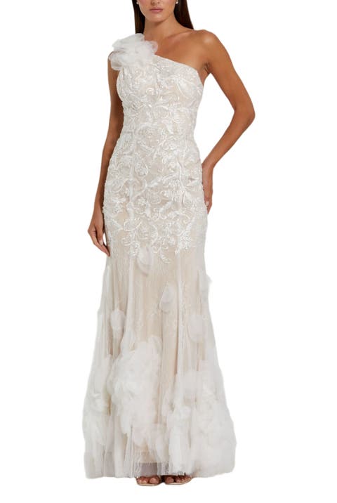 Beaded Strappy One Shoulder Petal Mermaid Gown