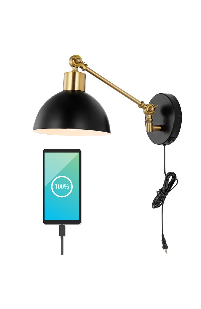 JONATHAN Y Lisa Swing Arm 1-Light Modern Midcentury Iron USB Charging Port LED Sconce, Main, color, Black