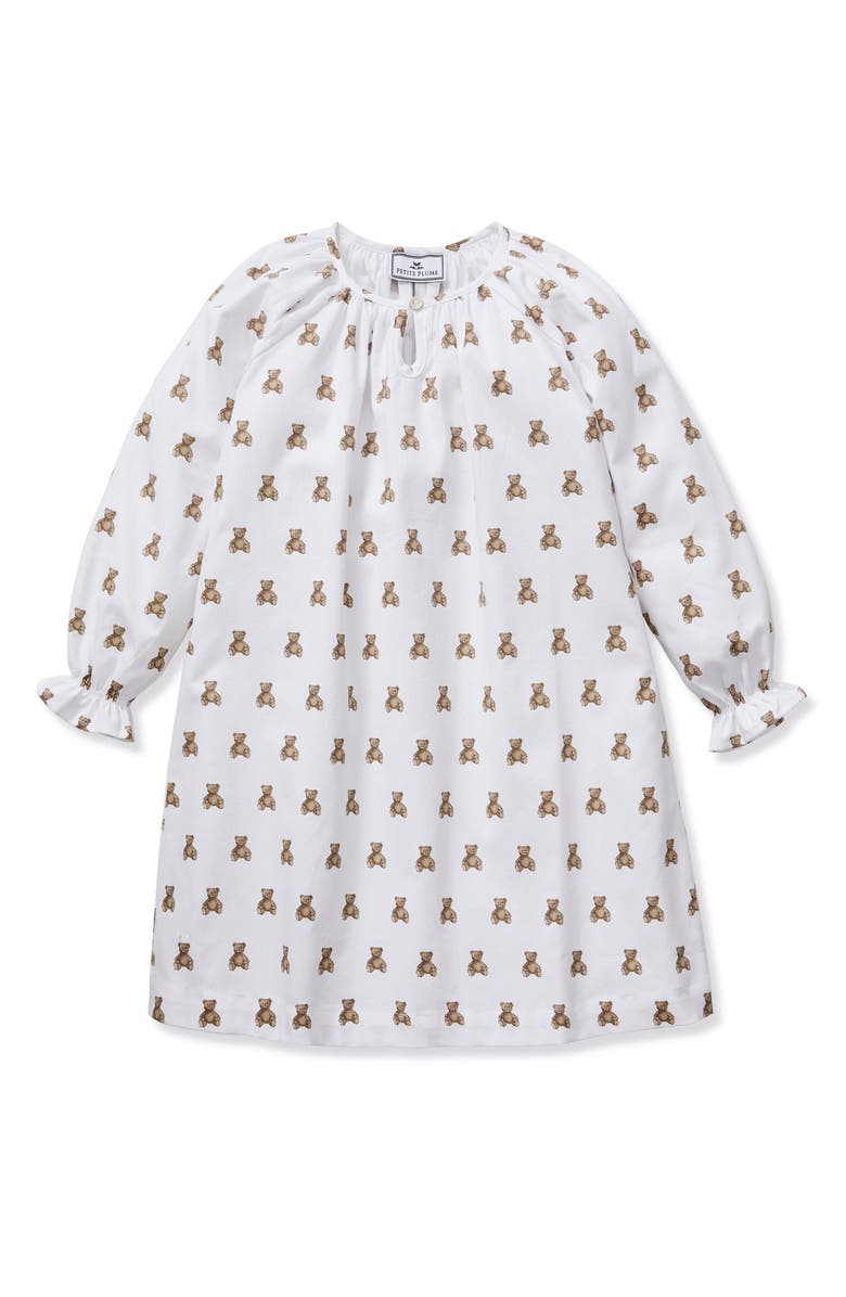 Petite Plume Kids' Delphine Long Sleeve Cotton Twill Nightgown, Main, color, White/Brown