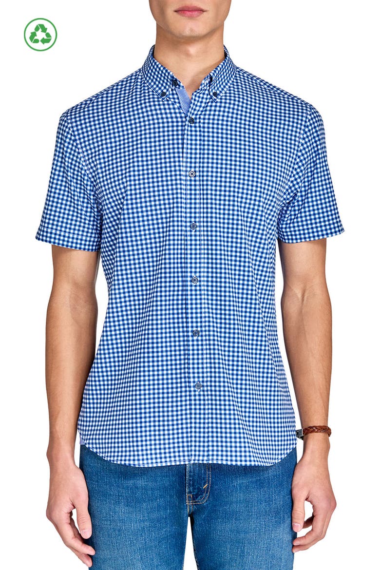 Slim Fit Mini Check Recycled 4-Way Stretch Performance Short Sleeve Shirt, Main, color, WHITE/BLUE