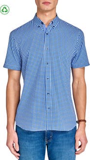 CONSTRUCT Slim Fit Mini Check Recycled 4-Way Stretch Performance Short Sleeve Shirt
