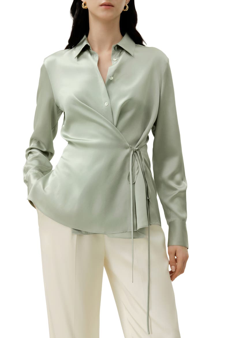 Women's Convertible Silk Charmeuse Shirt, Main, color, Pale Turquoise