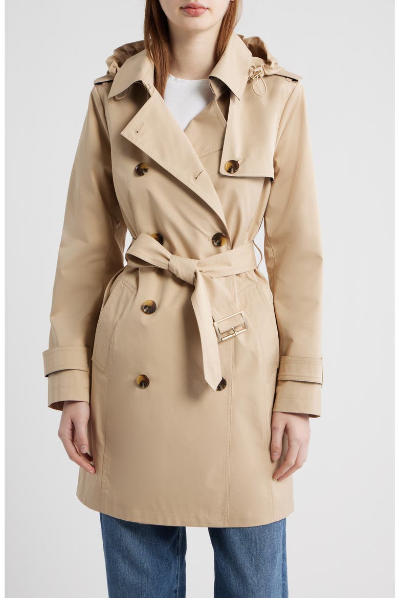 Classic Double Breasted Hooded Trench Coat, Main, color, BUFF
