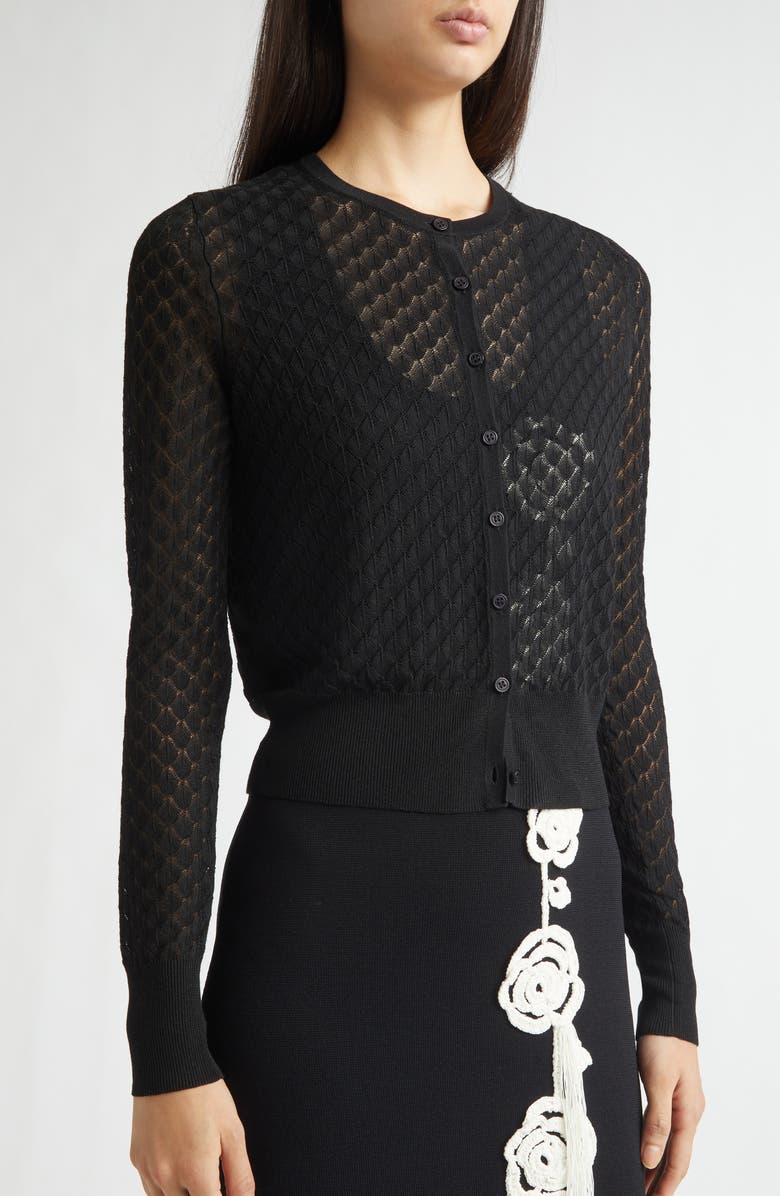 Lela Rose Crop Pointelle Cardigan, Alternate, color, Black