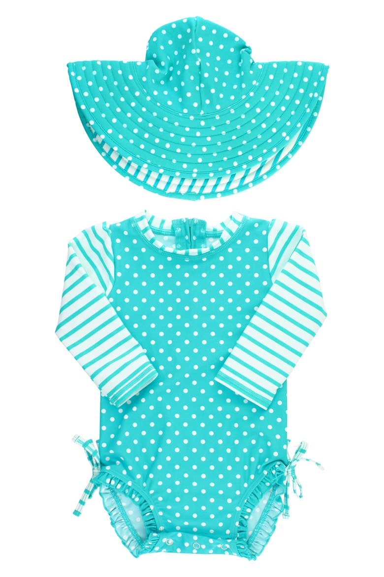 One-Piece Rashguard Swimsuit & Hat Set, Main, color, AQUA