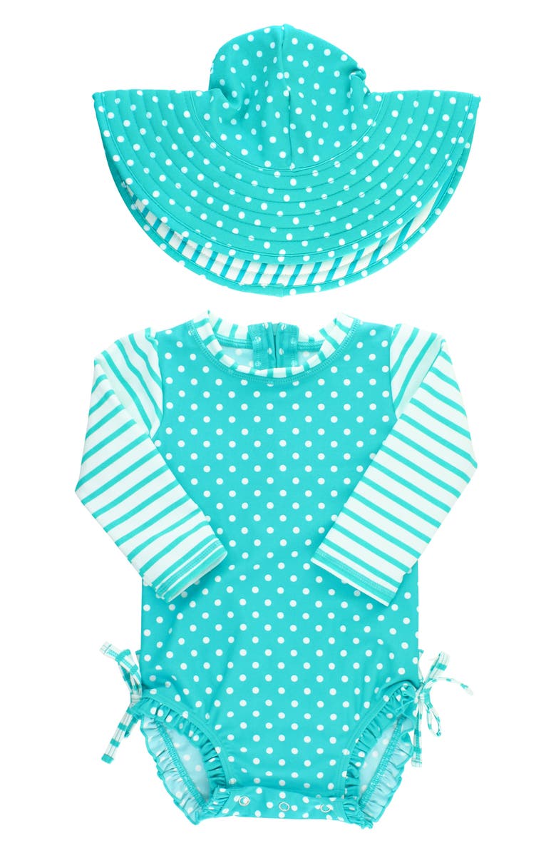 RuffleButts One-Piece Rashguard Swimsuit & Hat Set, Main, color, 