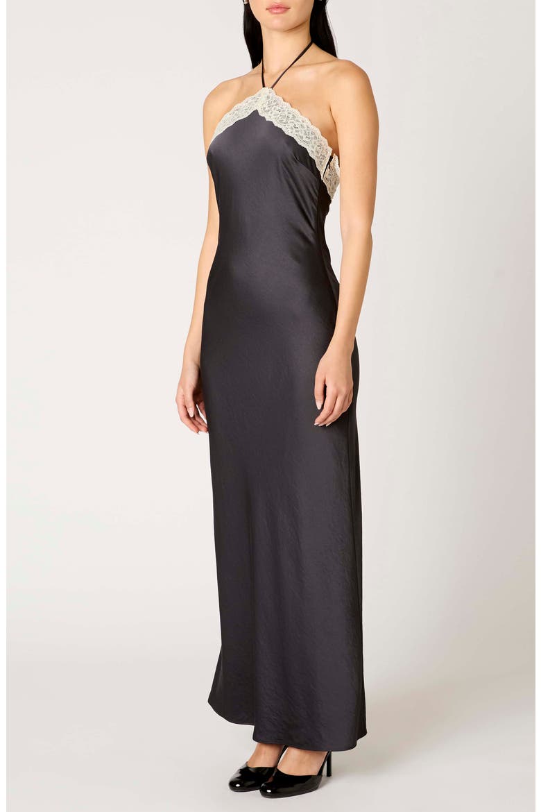 Vesper Lace Satin Halter Maxi Dress, Alternate, color, SOOT