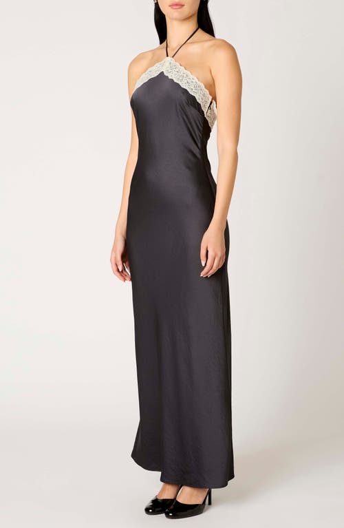 Nia Vesper Lace Satin Halter Maxi Dress In Black