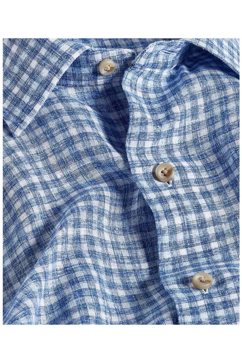 Check Linen Short Sleeve Button-Up Shirt, Alternate, color, NAVY/ SKY