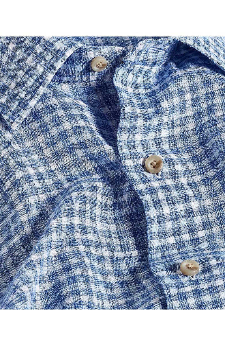 David Donahue Check Linen Short Sleeve Button-Up Shirt, Alternate, color, Navy/ Sky