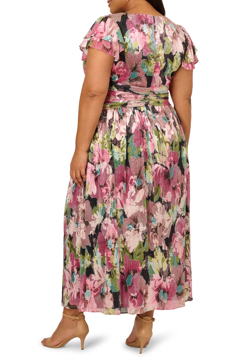 Flutter Sleeve Metallic Floral Maxi Cocktail Dress, Alternate, color, NAVY/ PINK MULTI