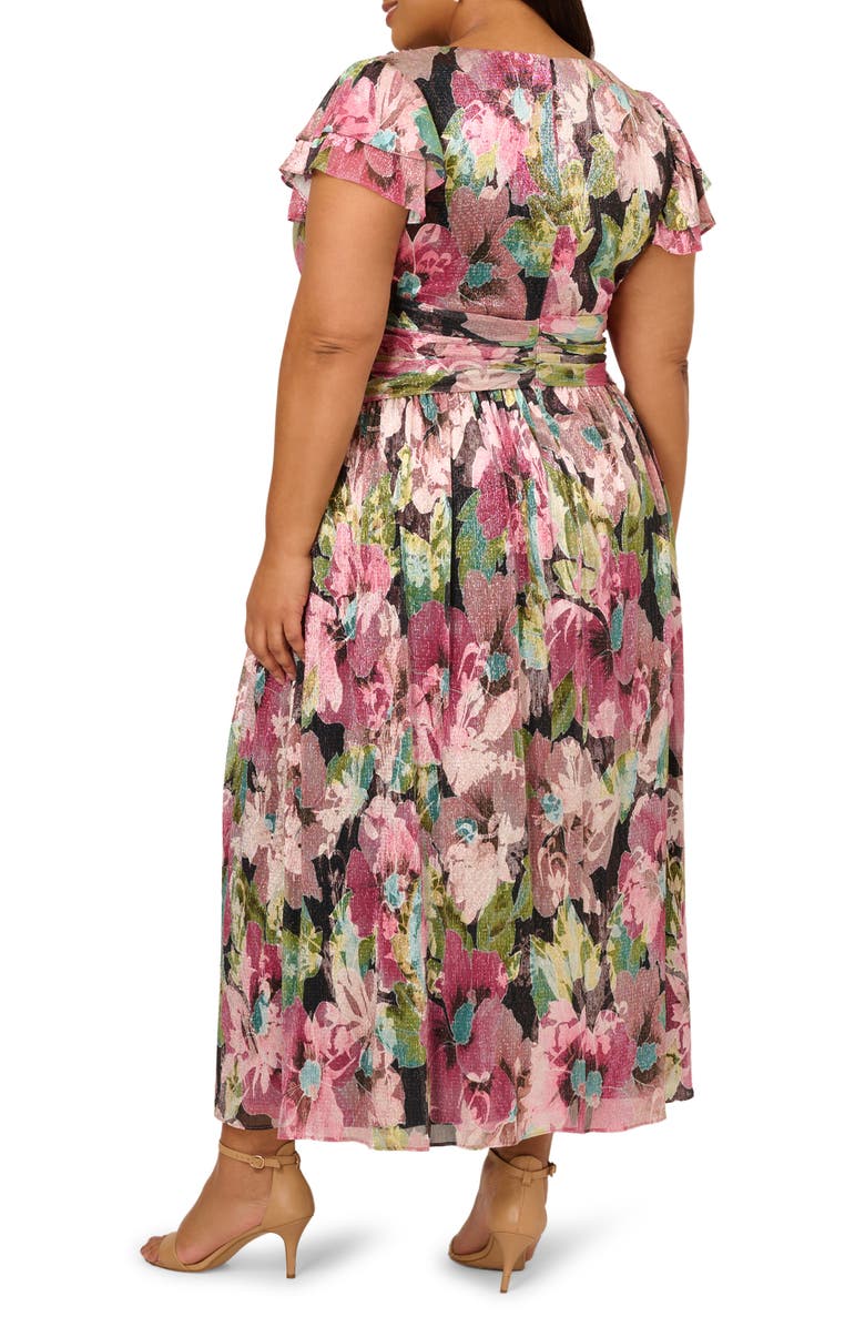 Adrianna Papell Flutter Sleeve Metallic Floral Maxi Cocktail Dress, Alternate, color, Navy/ Pink Multi