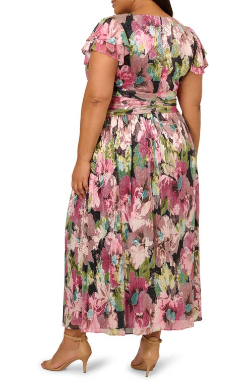 Adrianna Papell Flutter Sleeve Metallic Floral Maxi Cocktail Dress In Pink