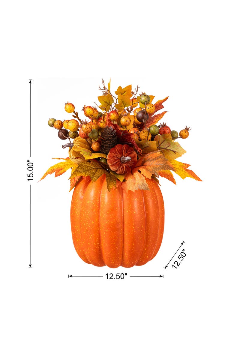 15"H Fall Velvet Pumpkin, Pinecone & Berry Centerpiece Table Decor, Alternate, color, Orange