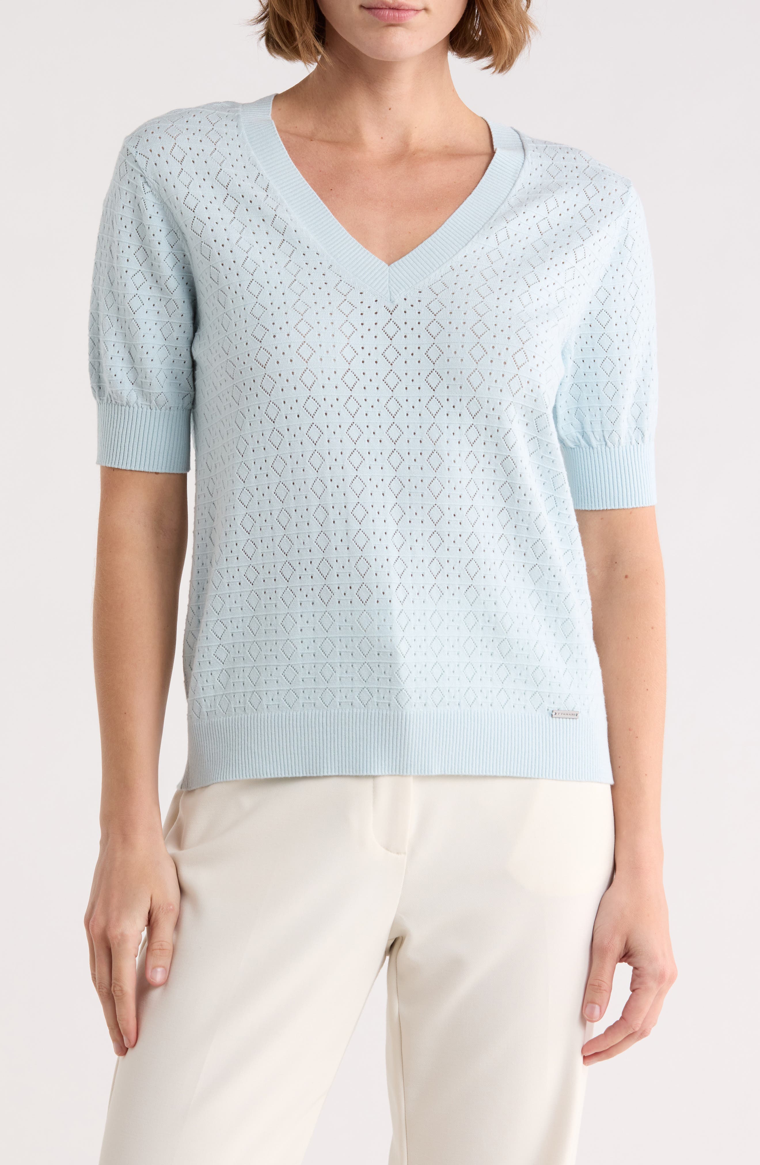 V-Neck Mitered Pointelle Sweater - image 3