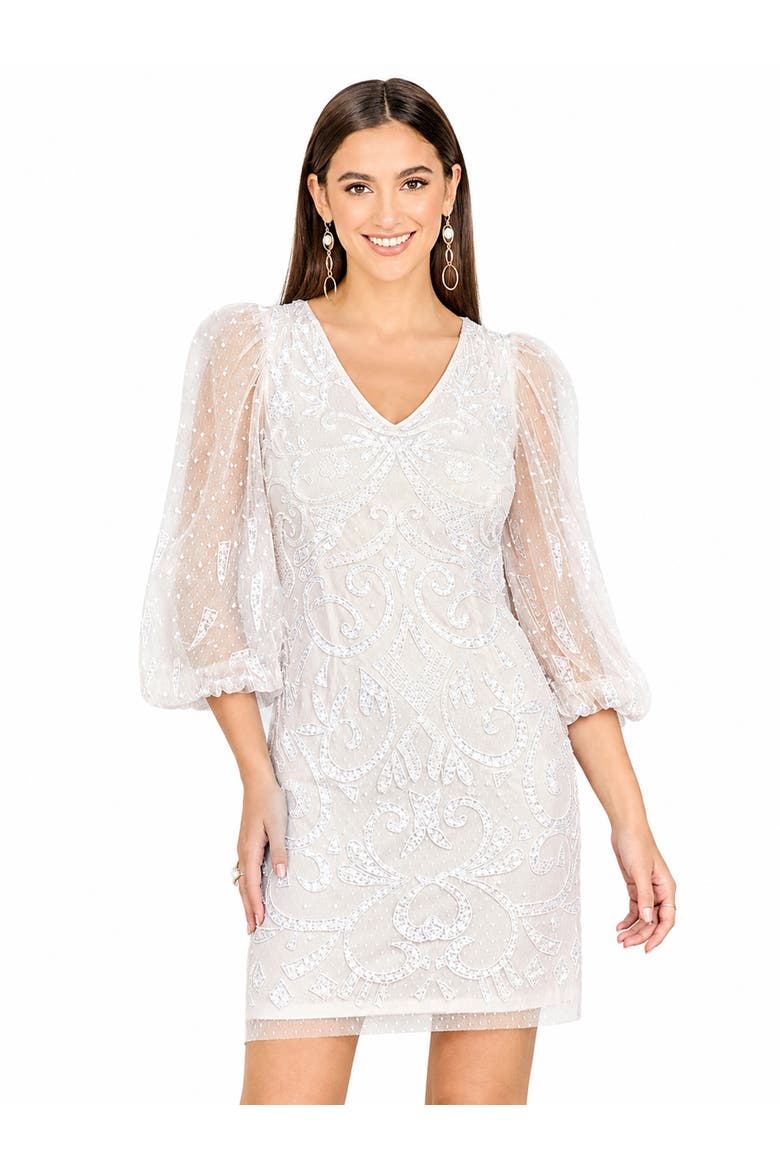 V-Neck, Balloon Sleeve Bridal Mini, Alternate, color, IvoryNude