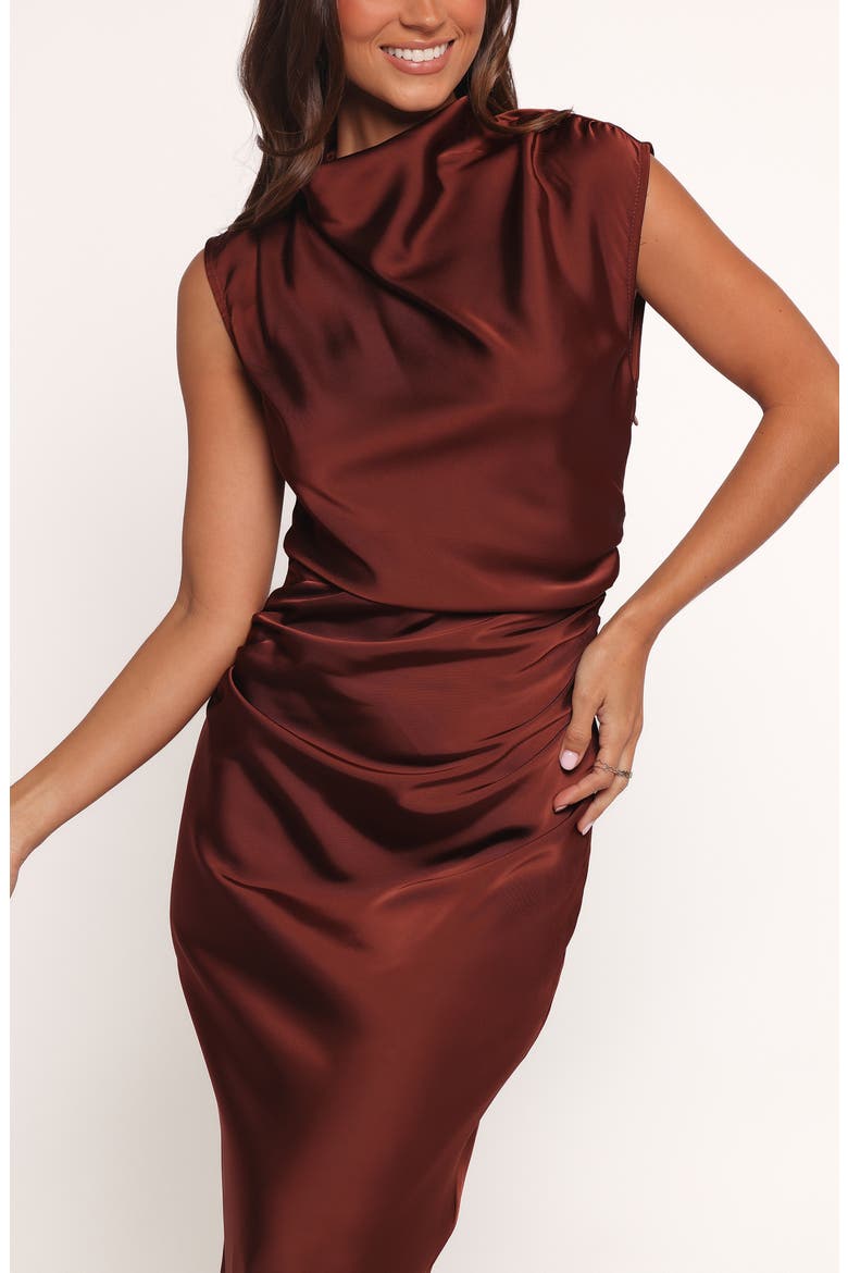 Meryn Ruched Satin Maxi Dress, Alternate, color, BROWN