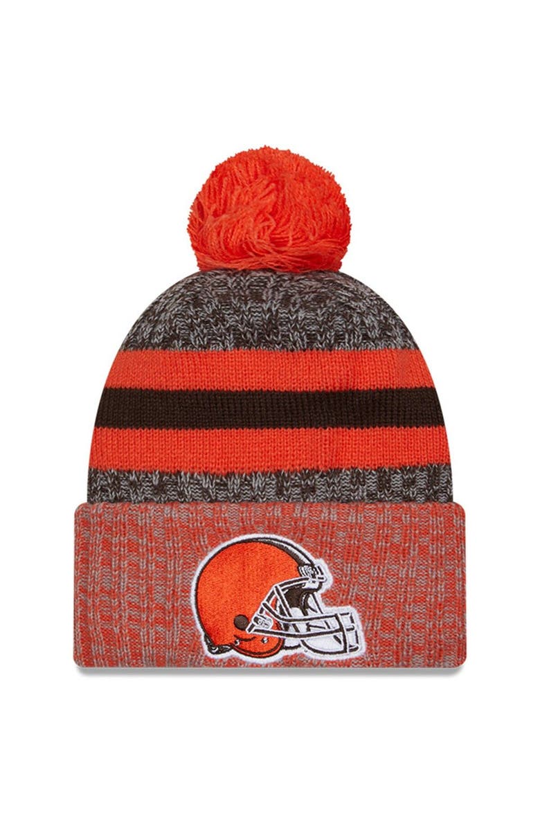 New Era Men's New Era  Brown/Orange Cleveland Browns 2023 Sideline Sport Cuffed Pom Knit Hat, Main, color, 