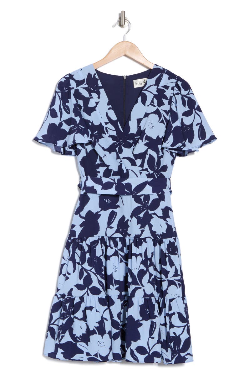 Eliza J Floral V-Neck Flutter Sleeve Fit & Flare Dress, Alternate, color,