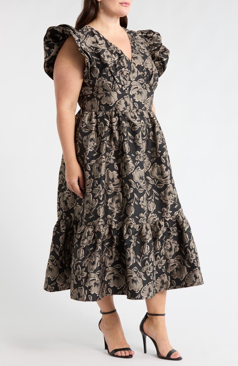 SUGARLIPS Lyla Metallic Floral Jacquard Midi Dress, Alternate, color,