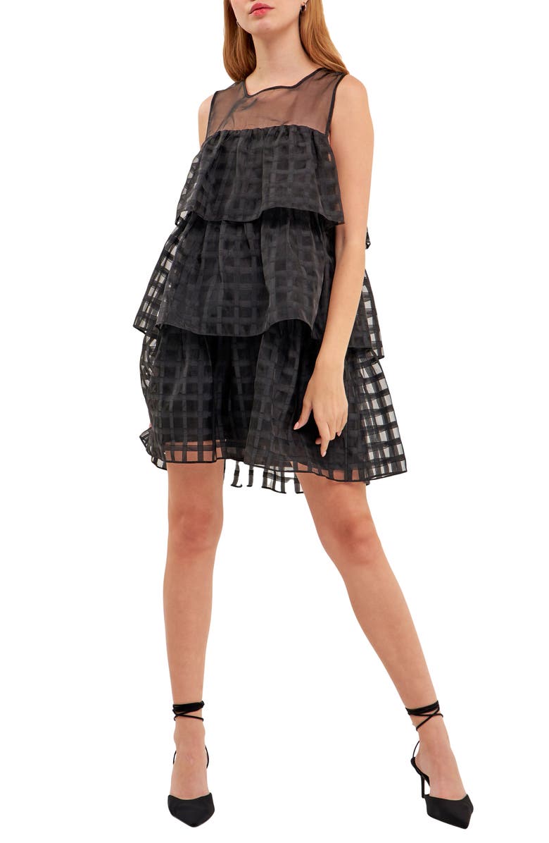 English Factory Grid Pattern Tiered Organza Minidress, Main, color, Black