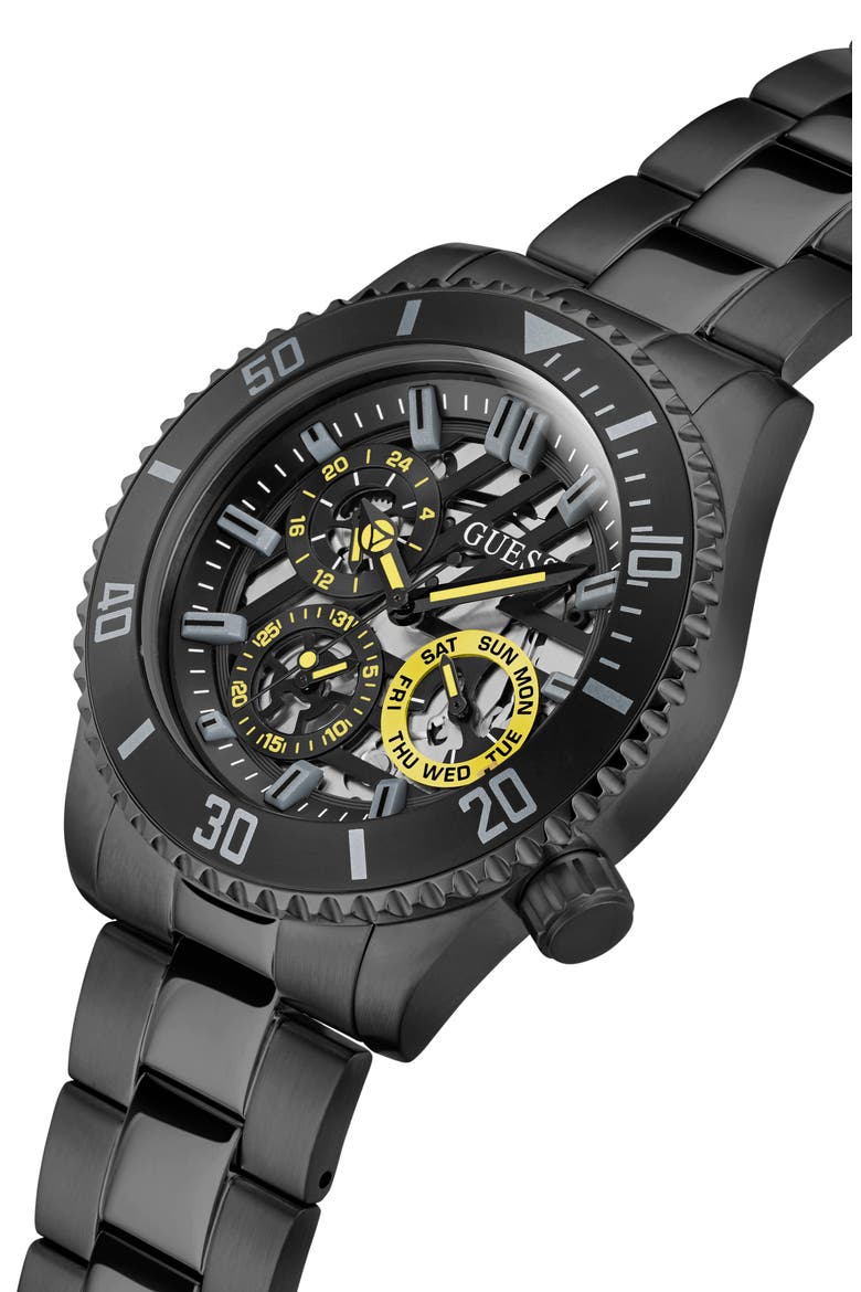 Multifunction Skeleton Bracelet Watch, 45mm, Alternate, color, BLACK/BLACK/BLACK