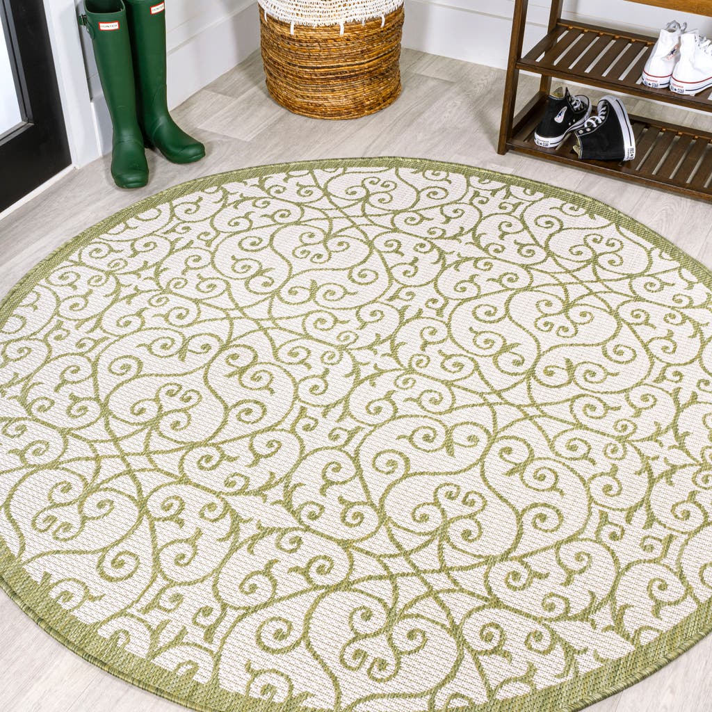Jonathan Y Madrid Vintage Filigree Textured Weave Indoor/outdoor Round Area Rug In Green/cream