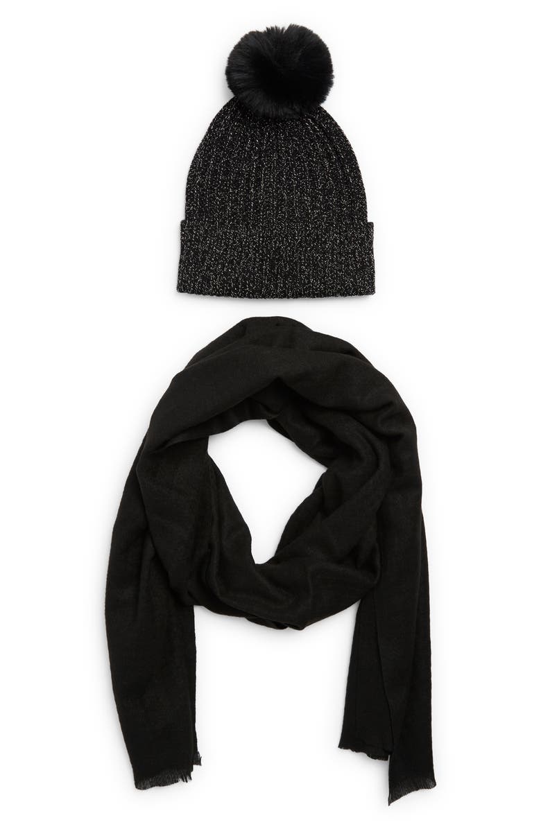 Vince Camuto Shine Faux Fur Pompom Beanie & Scarf Set, Main, color,