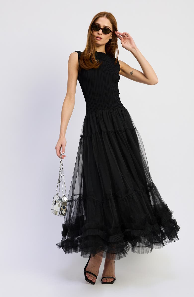 En Saison Darcy Mixed Media Tulle Gown, Alternate, color, Black