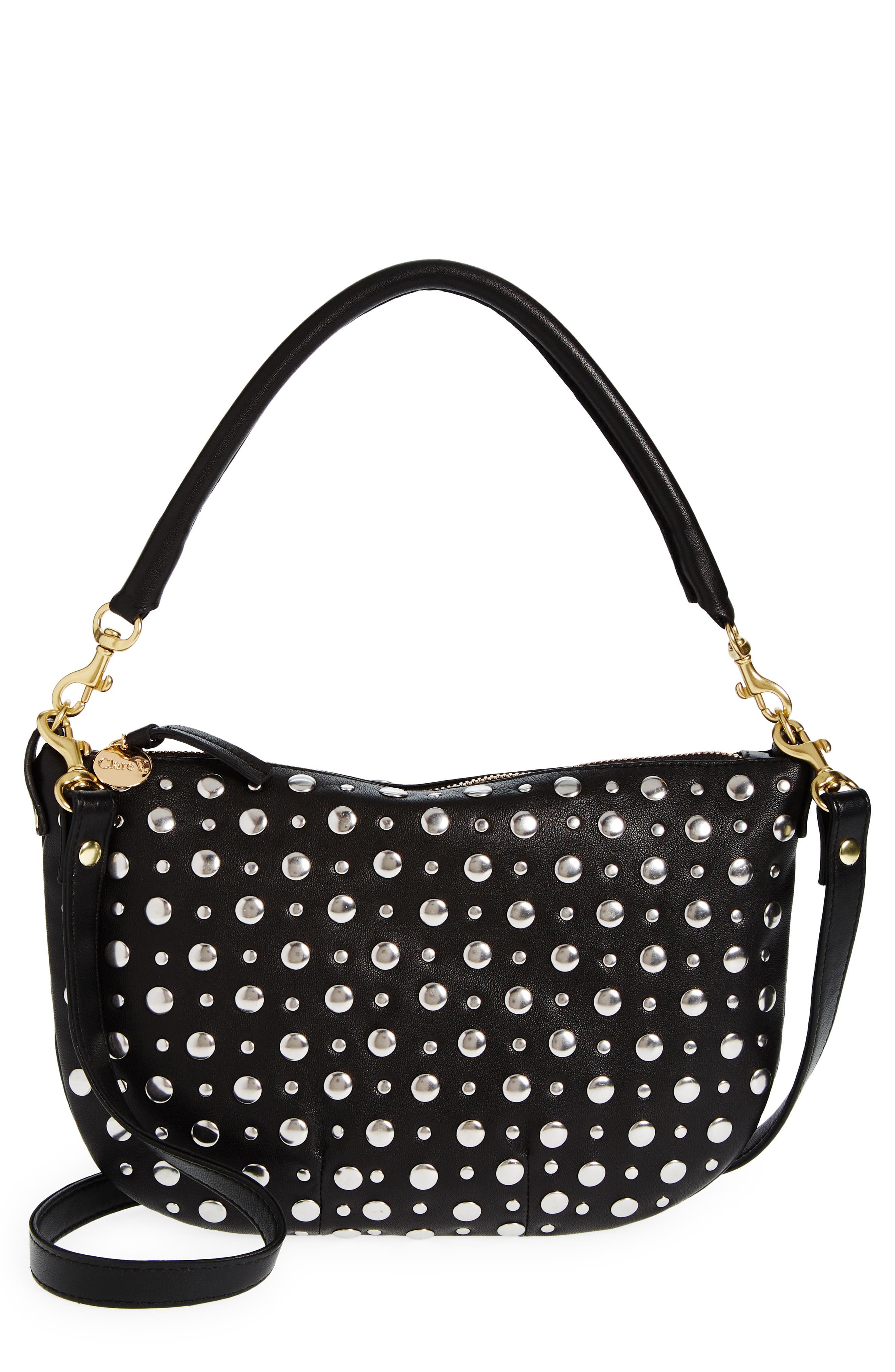 Clare V. Petit Moyen Silver Stud Embellished Leather Shoulder Bag, Main, color, 