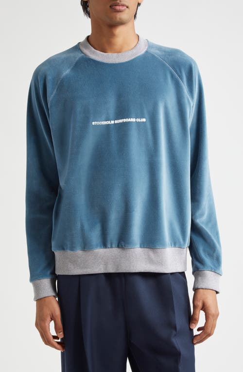 STOCKHOLM SURFBOARD CLUB Liberate Surfing Velour Crewneck Sweatshirt in Whale Blue 