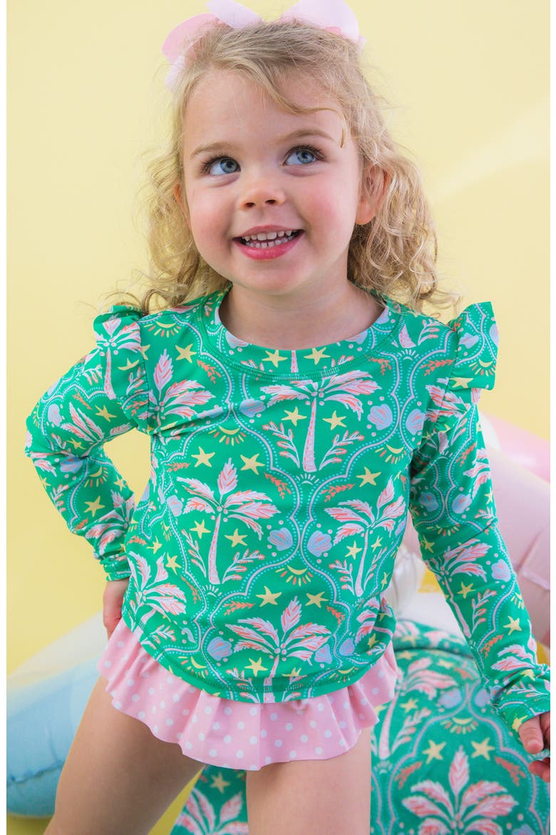 Kids' Coconut Cabana Ruffle Long Sleeve Two-Piece Rashguard Swimsuit, Alternate, color, GREEN