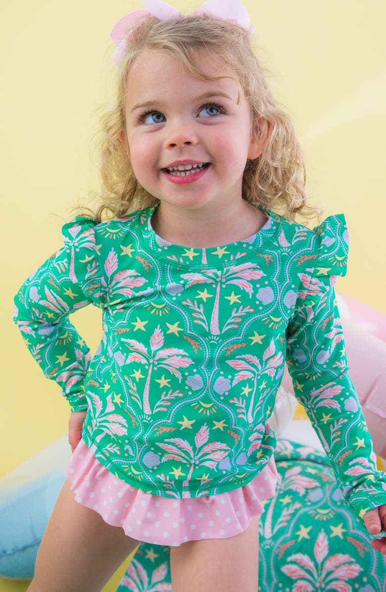 RuffleButts Kids' Coconut Cabana Ruffle Long Sleeve Two-Piece Rashguard Swimsuit, Alternate, color, Green