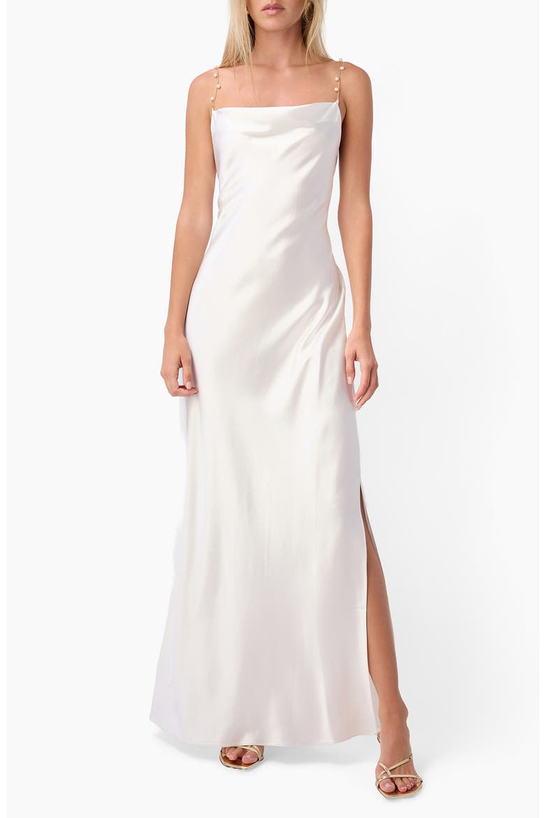 Shallon Faux Pearl Strap Satin Gown, Main, color, WHITE