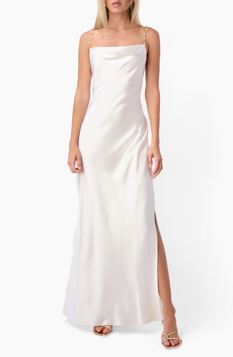 CAMI NYC Shallon Faux Pearl Strap Satin Gown, Main, color, White