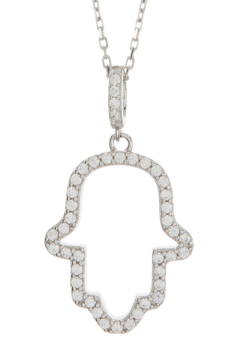 Sterling Silver Cubic Zirconia Hamsa Pendant Necklace, Main, color, WHITE