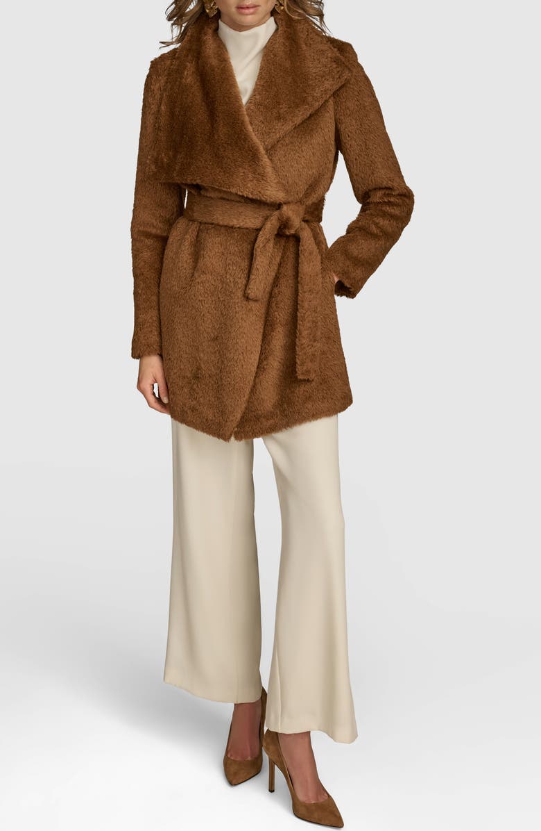 Donna Karan New York Faux Fur Wrap Coat, Alternate, color, Tobacco
