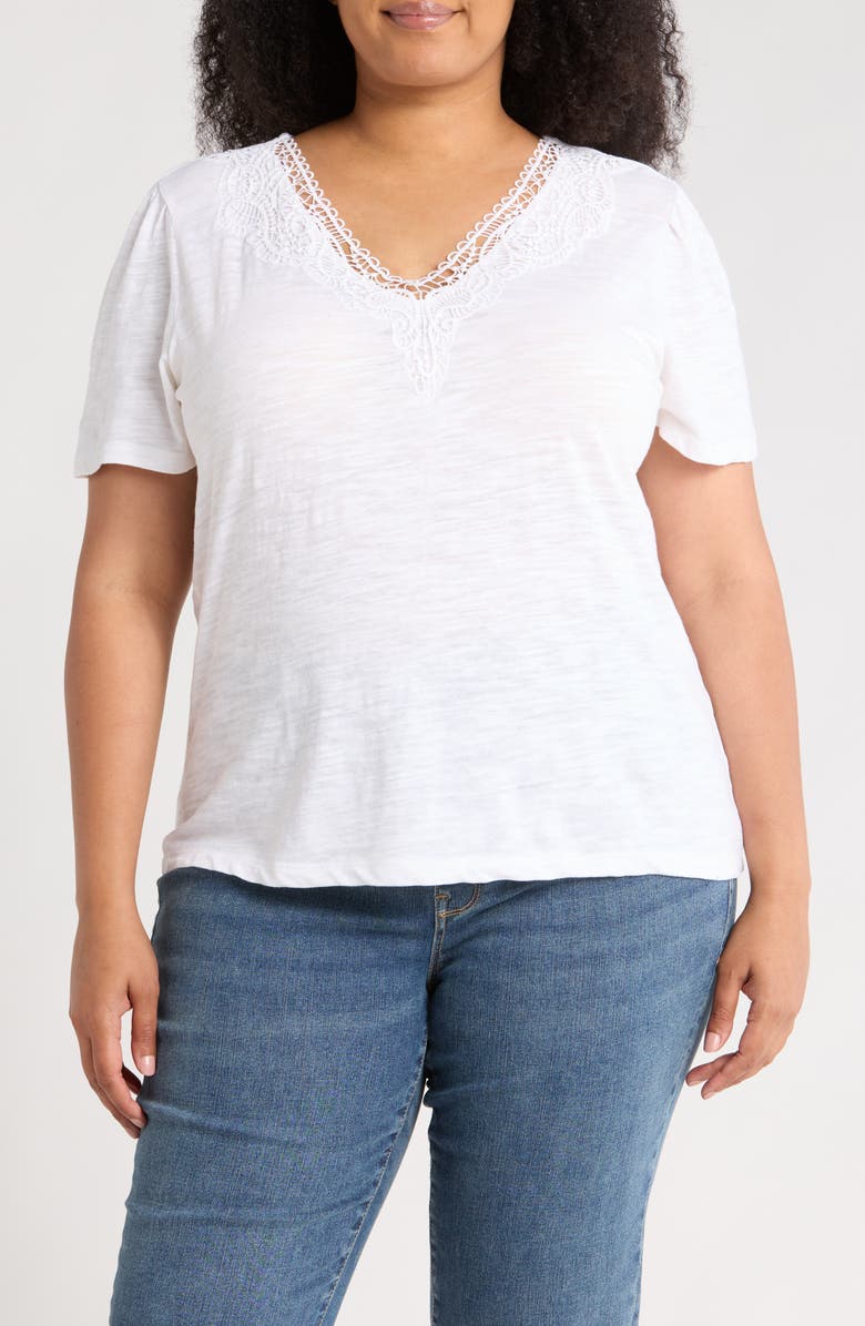 Caslon<sup>®</sup> Embroidered Cutwork V-Neck T-Shirt, Main, color, White