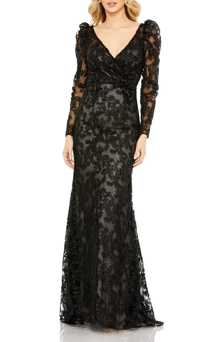 Mac Duggal Embroidered Lace Puff Sleeve Wrap Over Gown, Main, color, Black