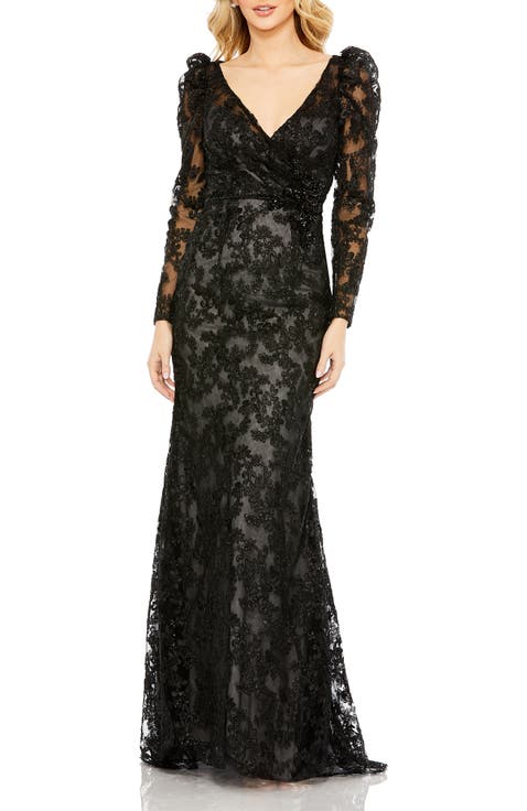 Embroidered Lace Puff Sleeve Wrap Over Gown