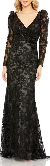 Mac Duggal Embroidered Lace Puff Sleeve Wrap Over Gown