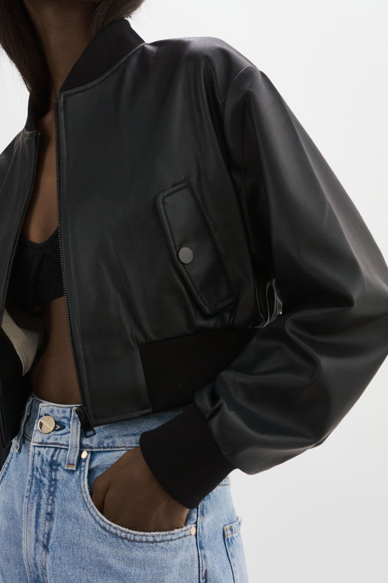 EVELIN | Cropped Faux Leather Bomber Jacket, Alternate, color, Black