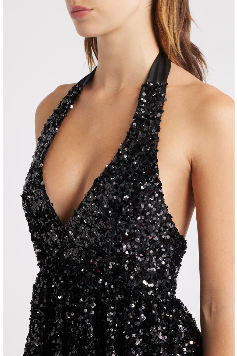 Sequin Plunge Halter Neck Bubble Minidress, Alternate, color, BLACK